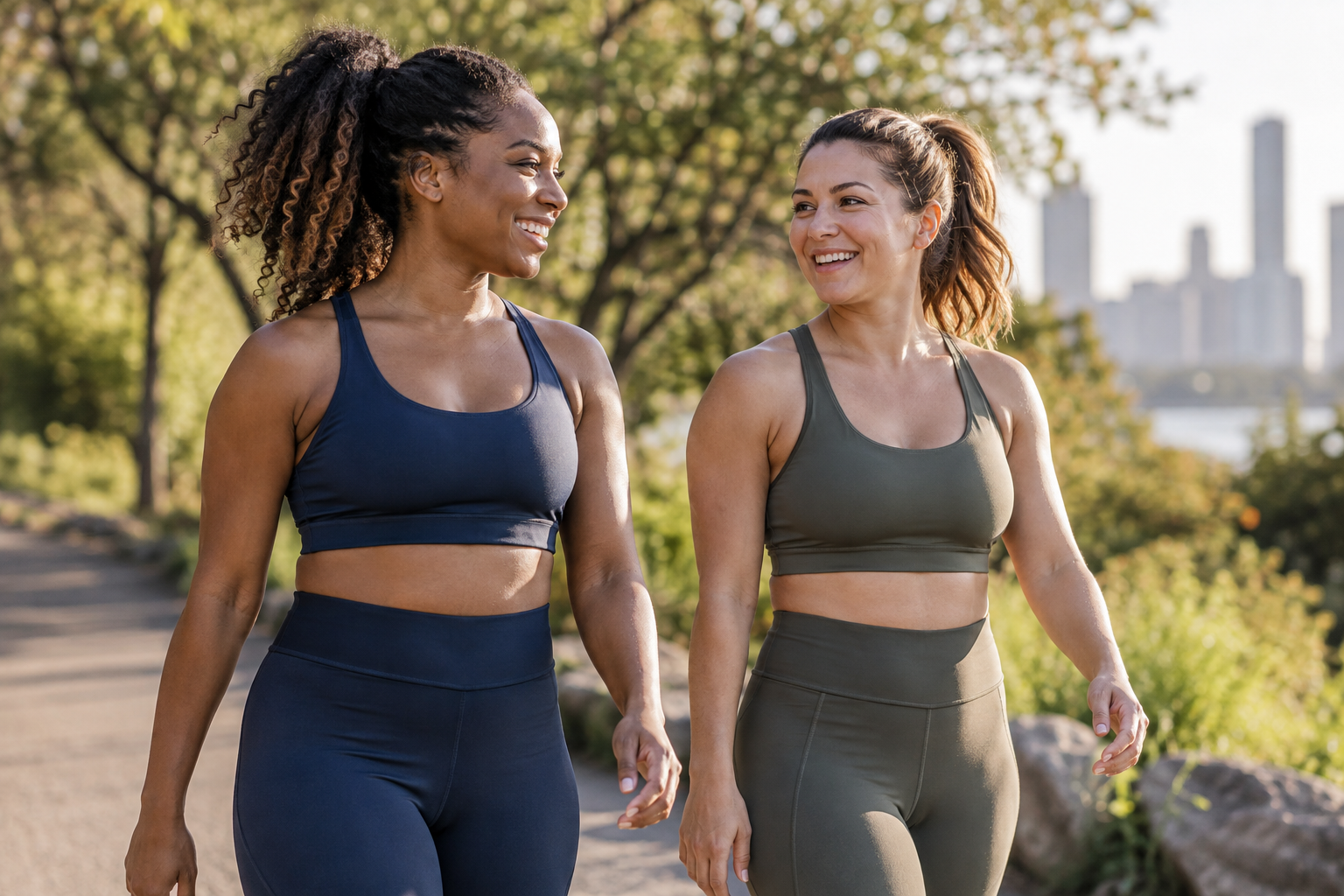 Two friends enjoying a walk after exercise