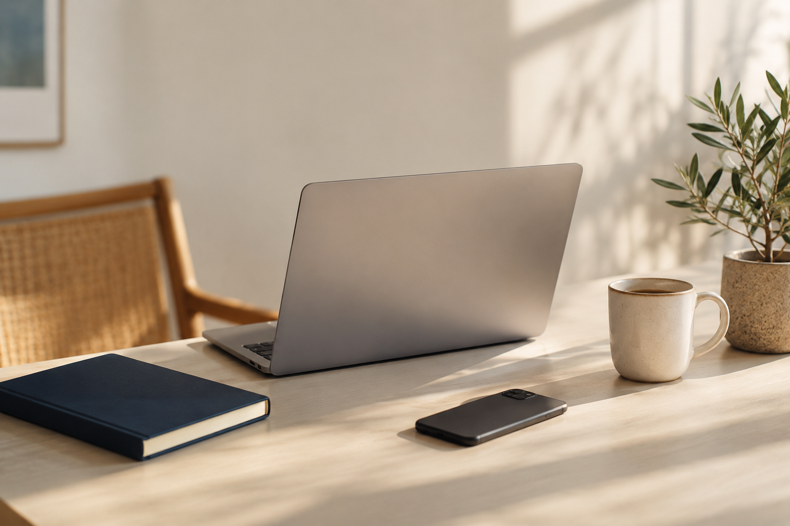 Notebook and laptop on a sunlit desk