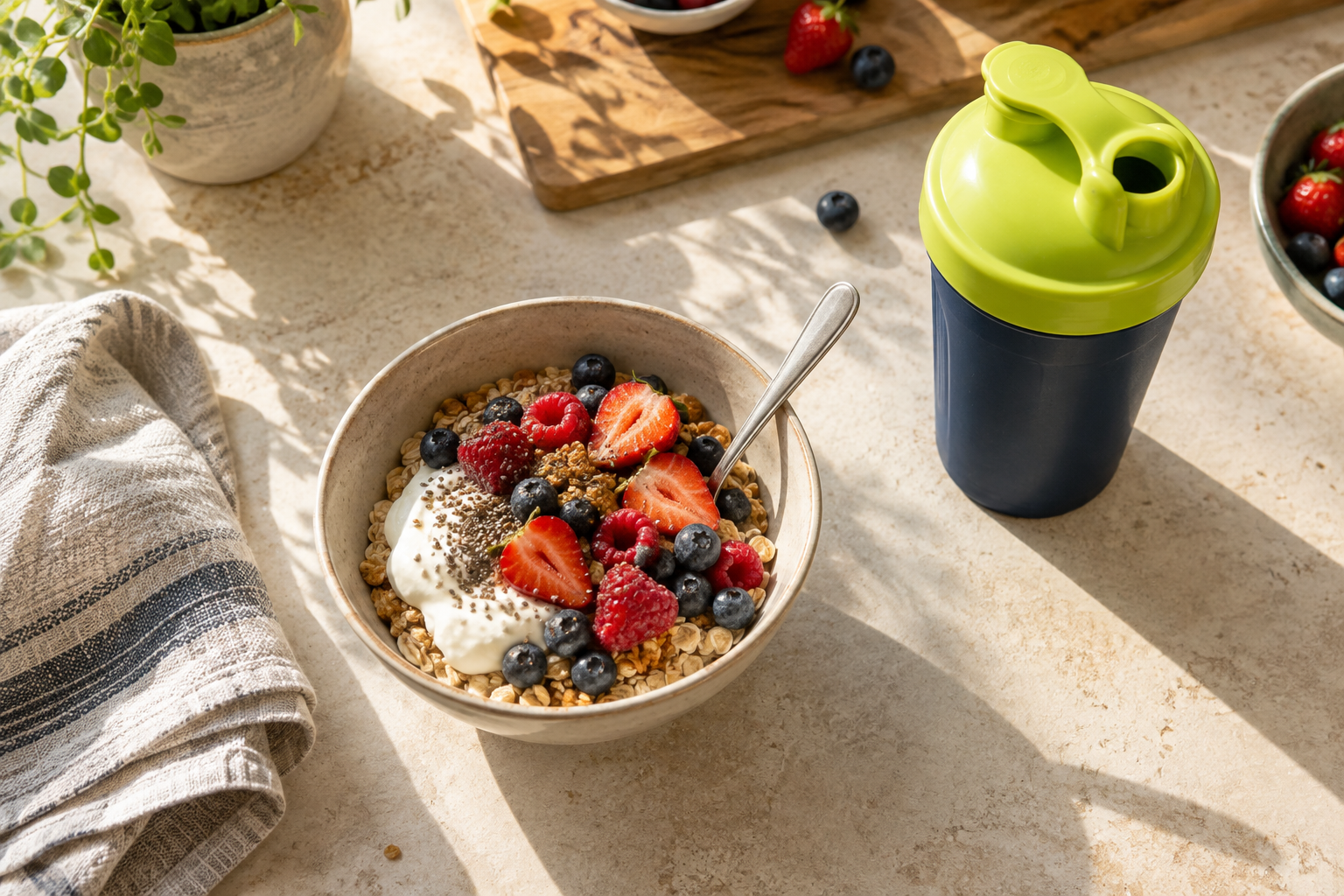 Breakfast with oats, berries and a shaker cup